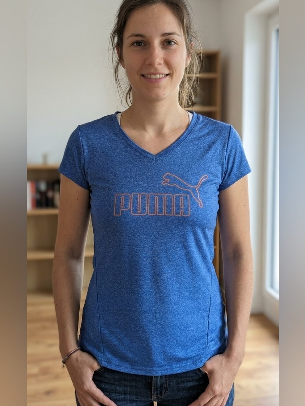 PUMA Heather Blue Orange Big Logo V-Neck Athletic Shirt XS